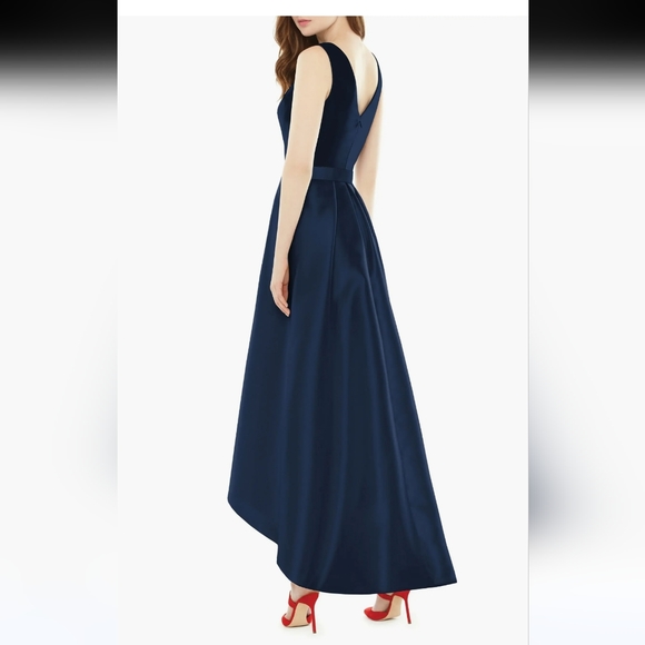 Alfred Sung Navy Blue High Low Satin Gown, Size 14 - Picture 2 of 7